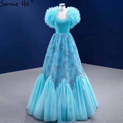 Serene Hill Water Blue Luxury Evening Dresses Gowns 2025 A-Line Beaded High-end For Women Wedding Party HM67419 - SERENE HILL