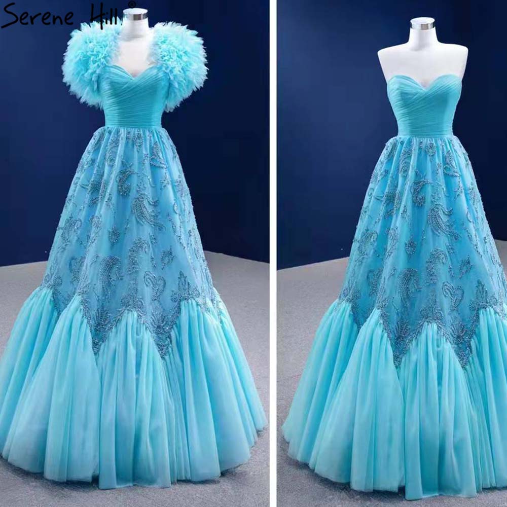 Serene Hill Water Blue Luxury Evening Dresses Gowns 2025 A-Line Beaded High-end For Women Wedding Party HM67419 - SERENE HILL