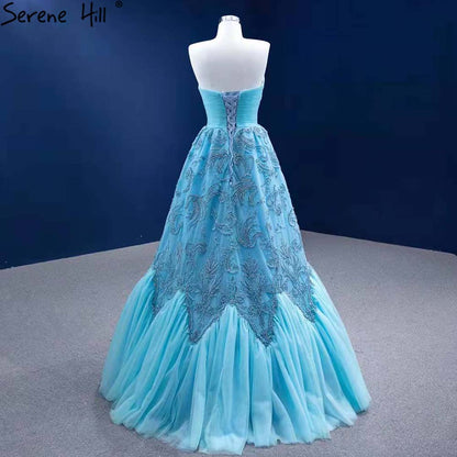 Serene Hill Water Blue Luxury Evening Dresses Gowns 2025 A-Line Beaded High-end For Women Wedding Party HM67419 - SERENE HILL