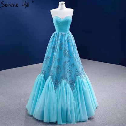 Serene Hill Water Blue Luxury Evening Dresses Gowns 2025 A-Line Beaded High-end For Women Wedding Party HM67419 - SERENE HILL