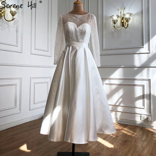 Serene Hill White A-Line Satin Sexy Cocktail Dresses 2025 Long Sleeves Glitter Tea-Length Party Gowns LA70922