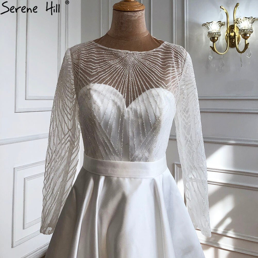 Serene Hill White A-Line Satin Sexy Cocktail Dresses 2025 Long Sleeves Glitter Tea-Length Party Gowns LA70922 - SERENE HILL