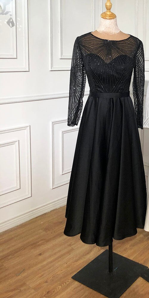 Serene Hill White A-Line Satin Sexy Cocktail Dresses 2025 Long Sleeves Glitter Tea-Length Party Gowns LA70922