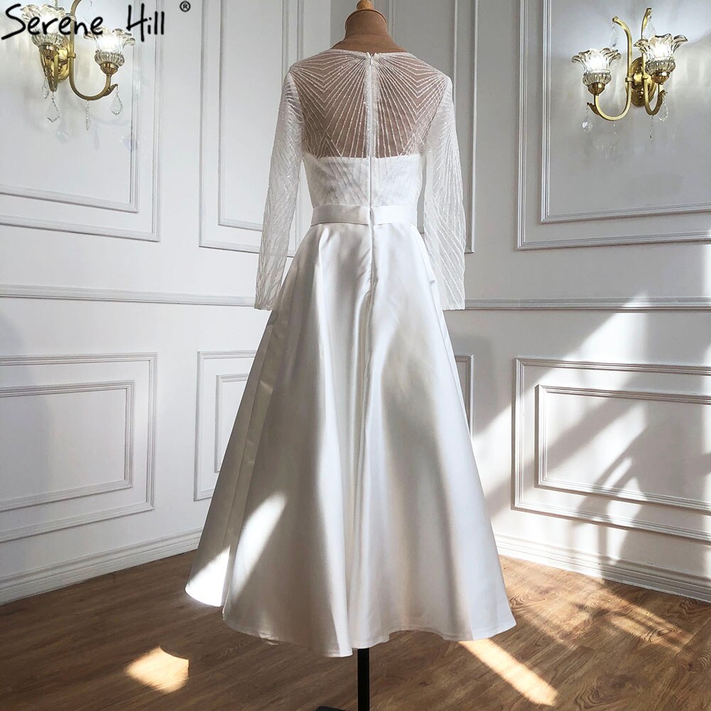 Serene Hill White A-Line Satin Sexy Cocktail Dresses 2025 Long Sleeves Glitter Tea-Length Party Gowns LA70922 - SERENE HILL