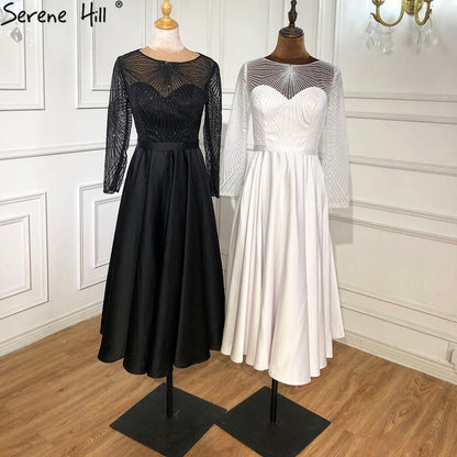Serene Hill White A-Line Satin Sexy Cocktail Dresses 2025 Long Sleeves Glitter Tea-Length Party Gowns LA70922 - SERENE HILL