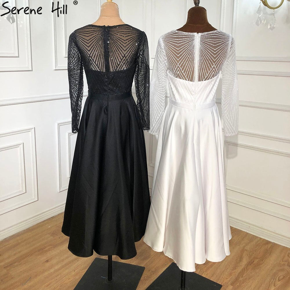 Serene Hill White A-Line Satin Sexy Cocktail Dresses 2025 Long Sleeves Glitter Tea-Length Party Gowns LA70922 - SERENE HILL