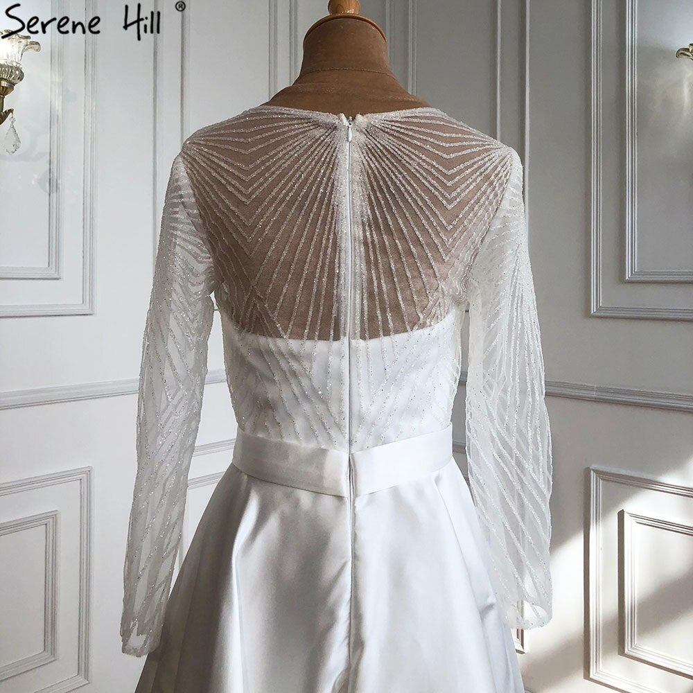 Serene Hill White A-Line Satin Sexy Cocktail Dresses 2025 Long Sleeves Glitter Tea-Length Party Gowns LA70922 - SERENE HILL