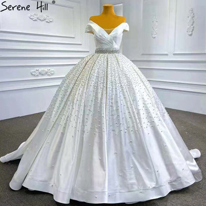 Serene Hill White Beaded Crystal Wedding Dresses 2025 Satin Luxury Sweetheart Bride Gowns HM67422 Custom Made - SERENE HILL