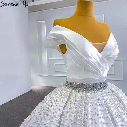 Serene Hill White Beaded Crystal Wedding Dresses 2025 Satin Luxury Sweetheart Bride Gowns HM67422 Custom Made - SERENE HILL
