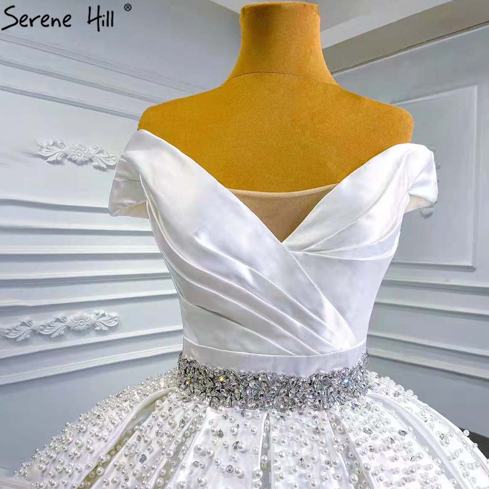 Serene Hill White Beaded Crystal Wedding Dresses 2025 Satin Luxury Sweetheart Bride Gowns HM67422 Custom Made - SERENE HILL