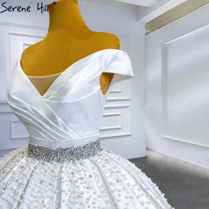 Serene Hill White Beaded Crystal Wedding Dresses 2025 Satin Luxury Sweetheart Bride Gowns HM67422 Custom Made - SERENE HILL