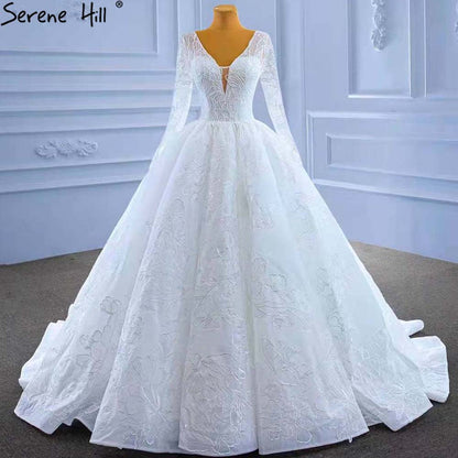 Serene Hill White Beaded Lace Wedding Dresses 2025 V-neck Lace Up Sexy Bride Gowns HM67364 Custom Made - SERENE HILL