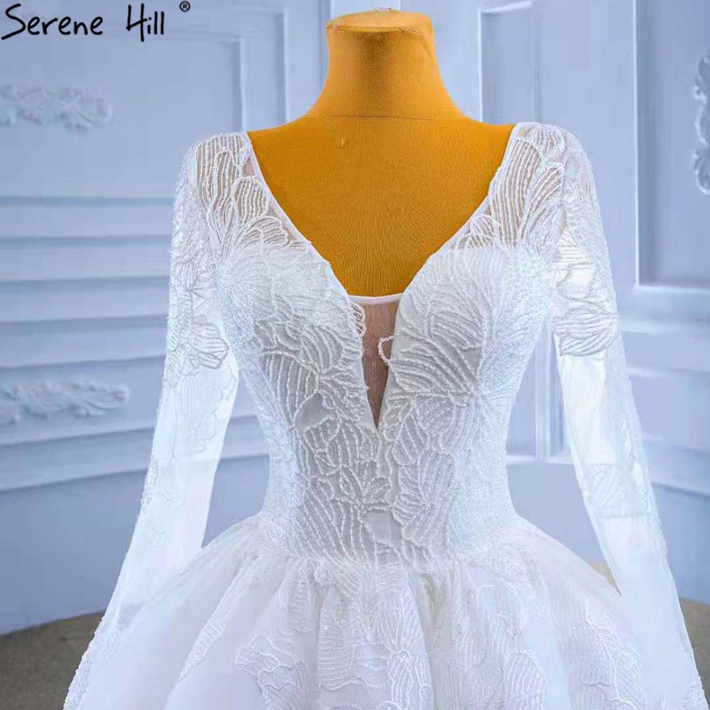 Serene Hill White Beaded Lace Wedding Dresses 2025 V-neck Lace Up Sexy Bride Gowns HM67364 Custom Made - SERENE HILL