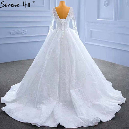 Serene Hill White Beaded Lace Wedding Dresses 2025 V-neck Lace Up Sexy Bride Gowns HM67364 Custom Made - SERENE HILL