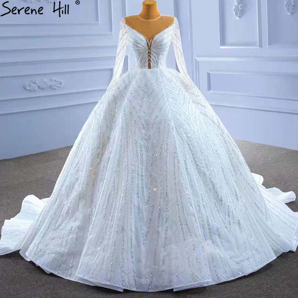 Serene Hill White Beaded Luxury Wedding Dresses 2025 Long Sleeves Lace Up Bride Gowns HM67382 Custom Made - SERENE HILL