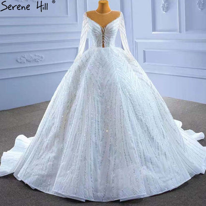 Serene Hill White Beaded Luxury Wedding Dresses 2025 Long Sleeves Lace Up Bride Gowns HM67382 Custom Made - SERENE HILL