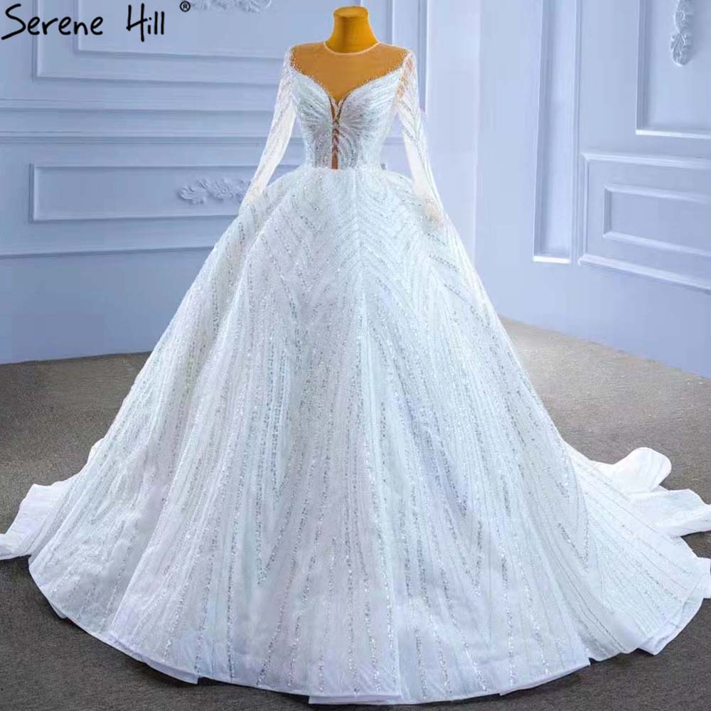 Serene Hill White Beaded Luxury Wedding Dresses 2025 Long Sleeves Lace Up Bride Gowns HM67382 Custom Made - SERENE HILL