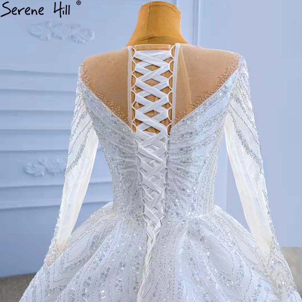 Serene Hill White Beaded Luxury Wedding Dresses 2025 Long Sleeves Lace Up Bride Gowns HM67382 Custom Made - SERENE HILL