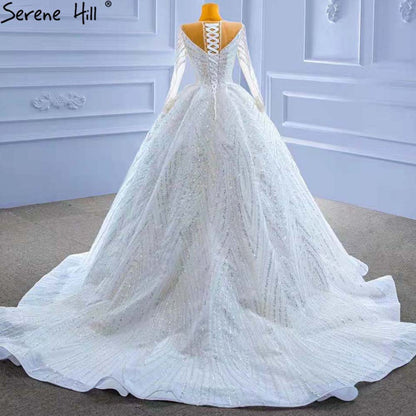 Serene Hill White Beaded Luxury Wedding Dresses 2025 Long Sleeves Lace Up Bride Gowns HM67382 Custom Made - SERENE HILL