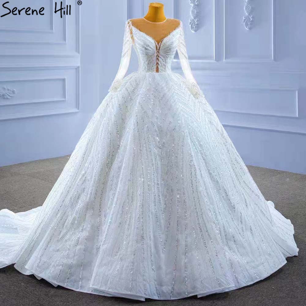 Serene Hill White Beaded Luxury Wedding Dresses 2025 Long Sleeves Lace Up Bride Gowns HM67382 Custom Made - SERENE HILL