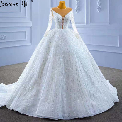 Serene Hill White Beaded Luxury Wedding Dresses 2025 Long Sleeves Lace Up Bride Gowns HM67382 Custom Made - SERENE HILL