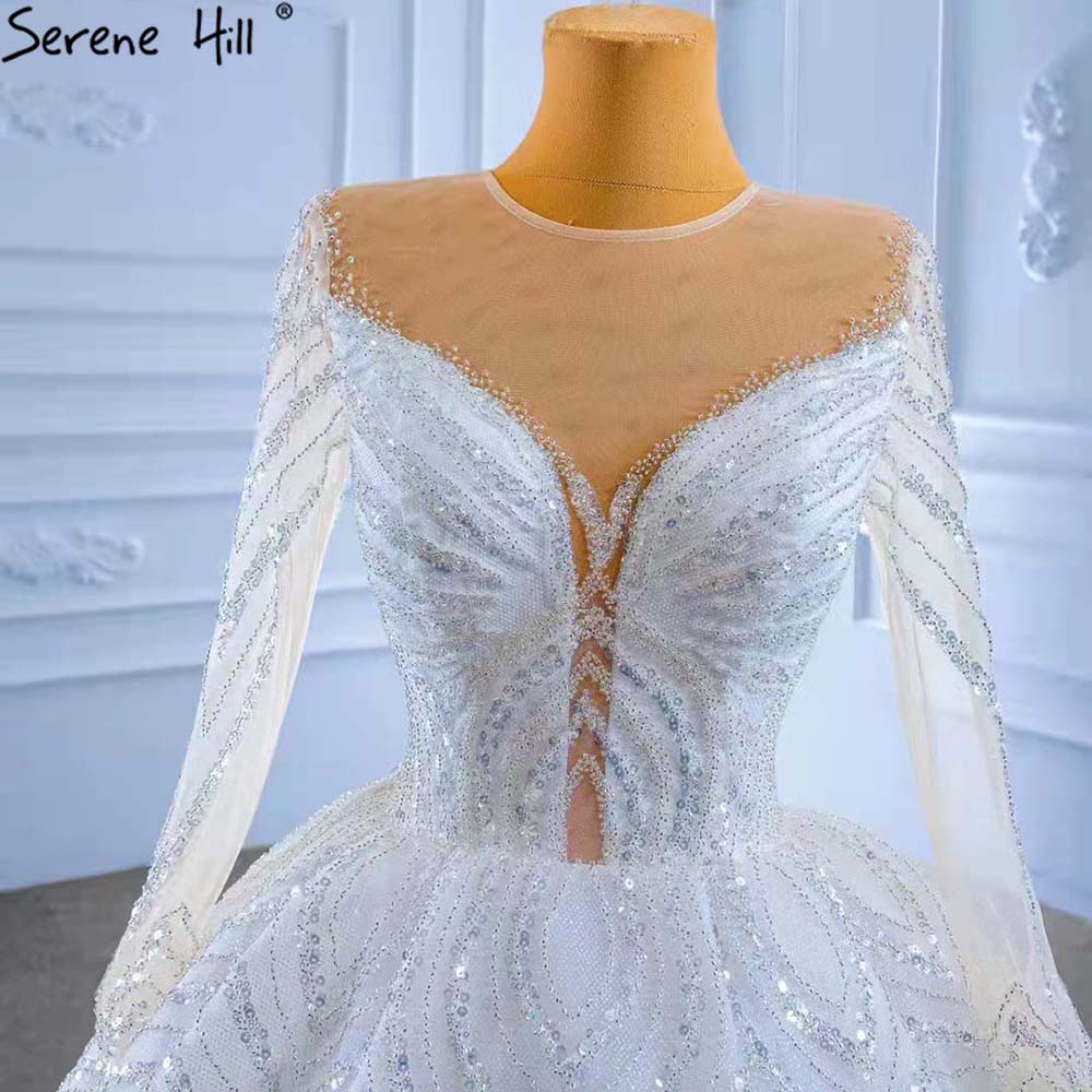 Serene Hill White Beaded Luxury Wedding Dresses 2025 Long Sleeves Lace Up Bride Gowns HM67382 Custom Made - SERENE HILL