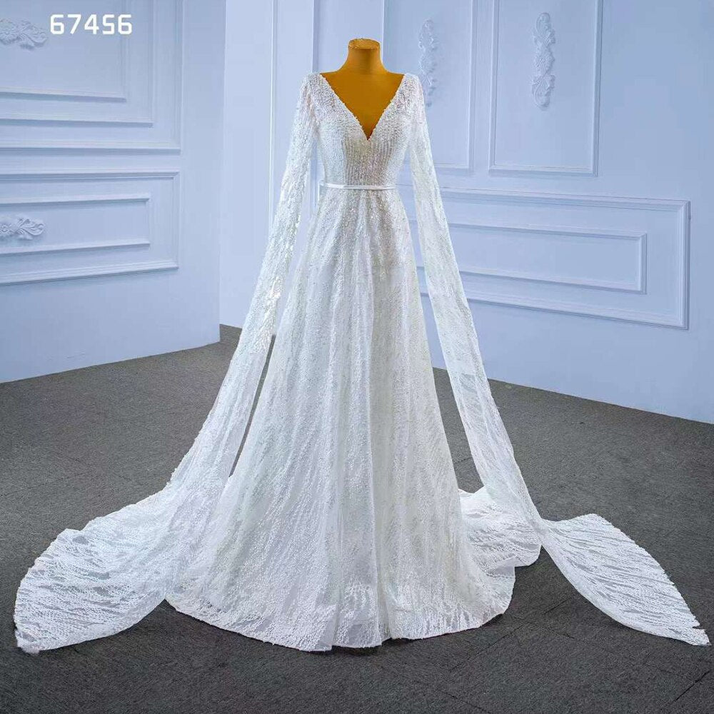 Serene Hill White Cape Sleeves Luxury Lace Beaded V Neck Lace Up Bride Gowns Wedding Dress 2025 High End Custom Made HM67456 - SERENE HILL