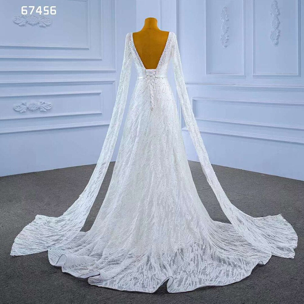 Serene Hill White Cape Sleeves Luxury Lace Beaded V Neck Lace Up Bride Gowns Wedding Dress 2025 High End Custom Made HM67456 - SERENE HILL