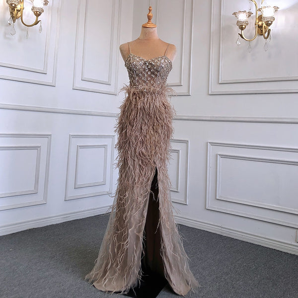Serene Hill White Elegant Mermaid Sexy Spaghetti Strap Split Feathers Luxury Evening Dresses 2025 LA71685