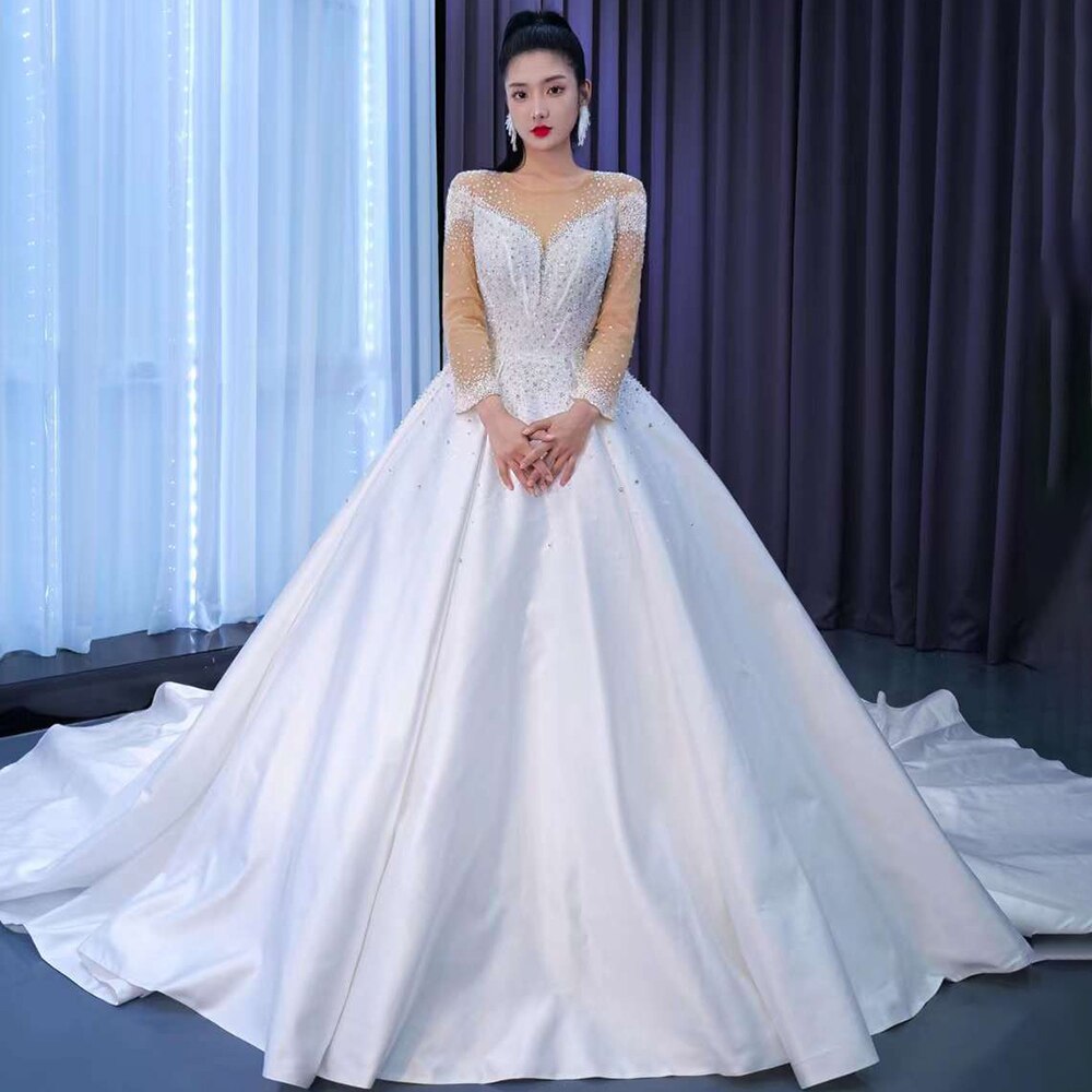 Serene Hill White High End Luxury Beaded Long Sleeves Lace Up Bride Gowns Wedding Dress 2025 Custom Made HM67493 - SERENE HILL