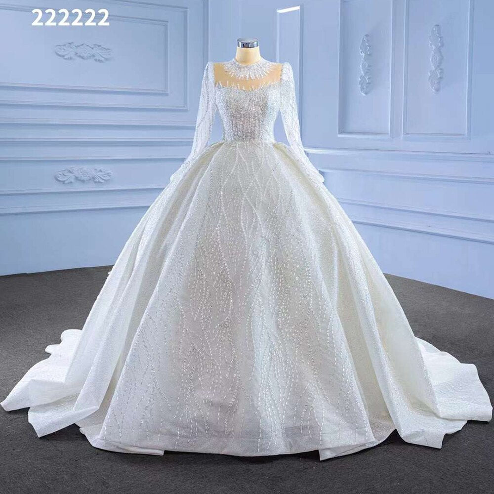Serene Hill White High End Luxury Lace Beaded Long Sleeves O Neck Bride Gowns Wedding Dress 2025 Custom Made HM222222 - SERENE HILL