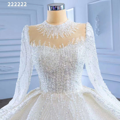 Serene Hill White High End Luxury Lace Beaded Long Sleeves O Neck Bride Gowns Wedding Dress 2025 Custom Made HM222222 - SERENE HILL