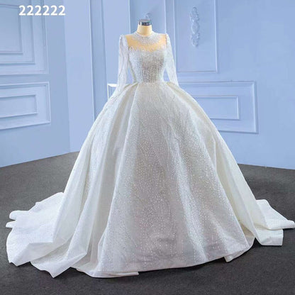 Serene Hill White High End Luxury Lace Beaded Long Sleeves O Neck Bride Gowns Wedding Dress 2025 Custom Made HM222222 - SERENE HILL