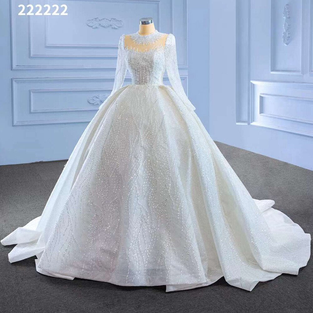 Serene Hill White High End Luxury Lace Beaded Long Sleeves O Neck Bride Gowns Wedding Dress 2025 Custom Made HM222222 - SERENE HILL