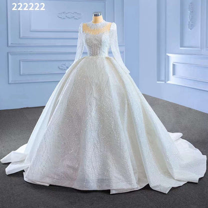 Serene Hill White High End Luxury Lace Beaded Long Sleeves O Neck Bride Gowns Wedding Dress 2025 Custom Made HM222222 - SERENE HILL