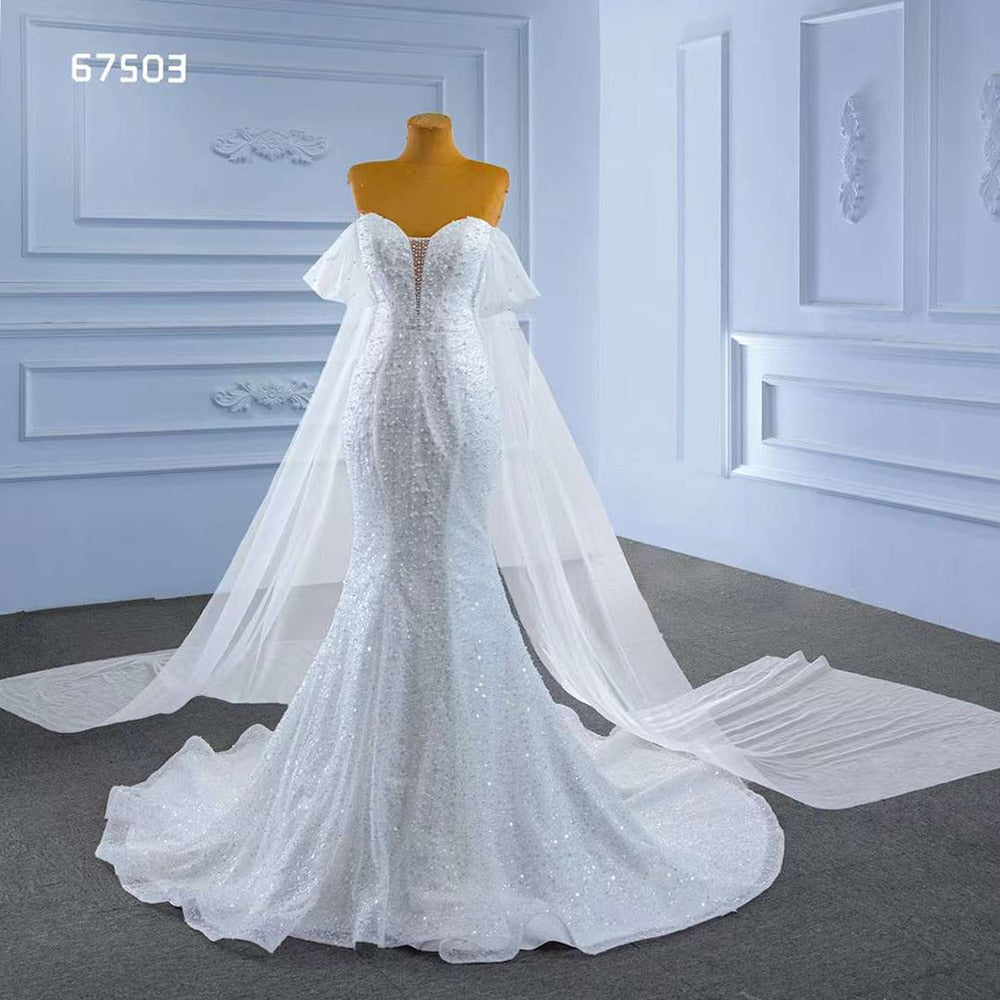 Serene Hill White Elegant Mermaid Luxury Pearls Beaded Lace Up Wedding Dress 2025 High End Custom Made HM67503 - SERENE HILL