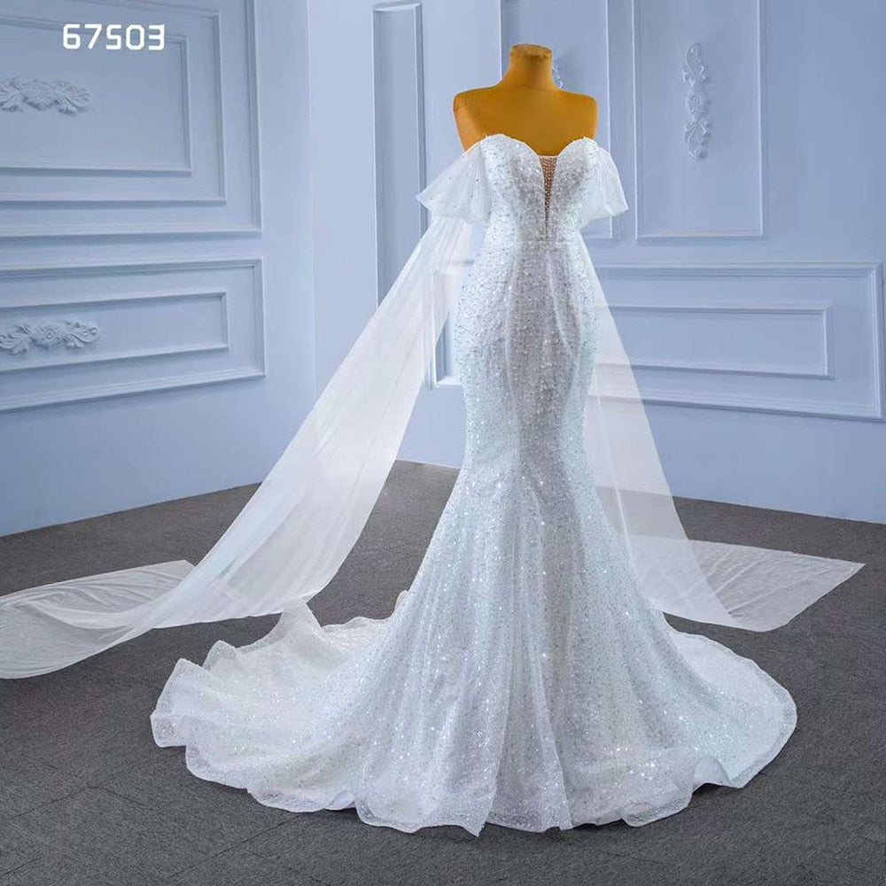 Serene Hill White Elegant Mermaid Luxury Pearls Beaded Lace Up Wedding Dress 2025 High End Custom Made HM67503 - SERENE HILL