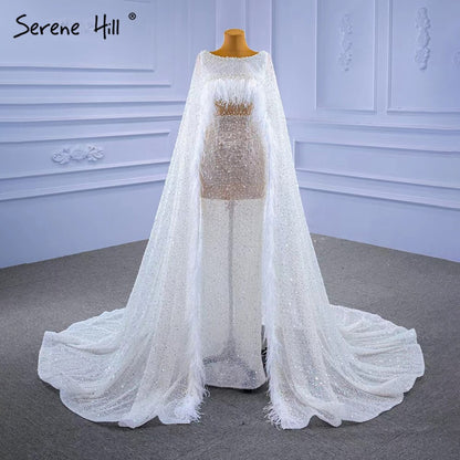 Serene Hill White High-end Luxury Evening Dresses Gowns 2025 Beaded Feather Cape Sleeve For Women Party HM67305 - SERENE HILL