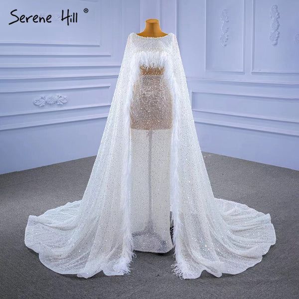 Serene Hill White High-end Luxury Evening Dresses Gowns 2025 Beaded Feather Cape Sleeve For Women Party HM67305