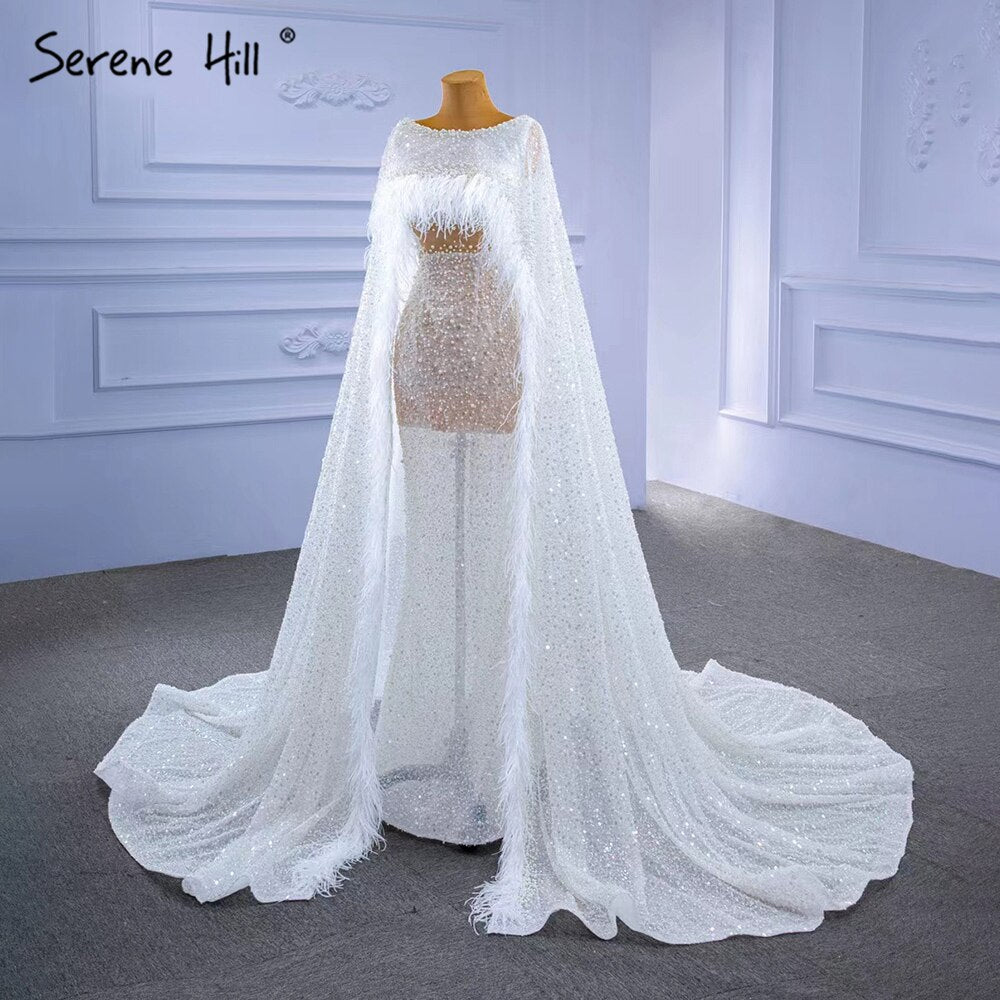 Serene Hill White High-end Luxury Evening Dresses Gowns 2025 Beaded Feather Cape Sleeve For Women Party HM67305 - SERENE HILL