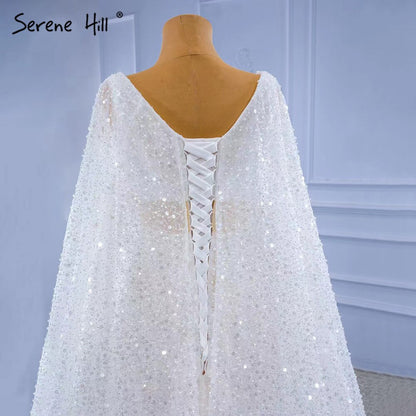 Serene Hill White High-end Luxury Evening Dresses Gowns 2025 Beaded Feather Cape Sleeve For Women Party HM67305 - SERENE HILL
