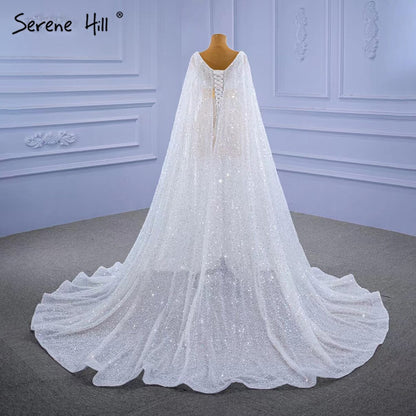Serene Hill White High-end Luxury Evening Dresses Gowns 2025 Beaded Feather Cape Sleeve For Women Party HM67305 - SERENE HILL