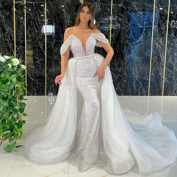 Serene Hill White Luxury Detachable Skirt Evening Dresses Gowns 2025 Mermaid Beading Elegant For Women Party LA71106