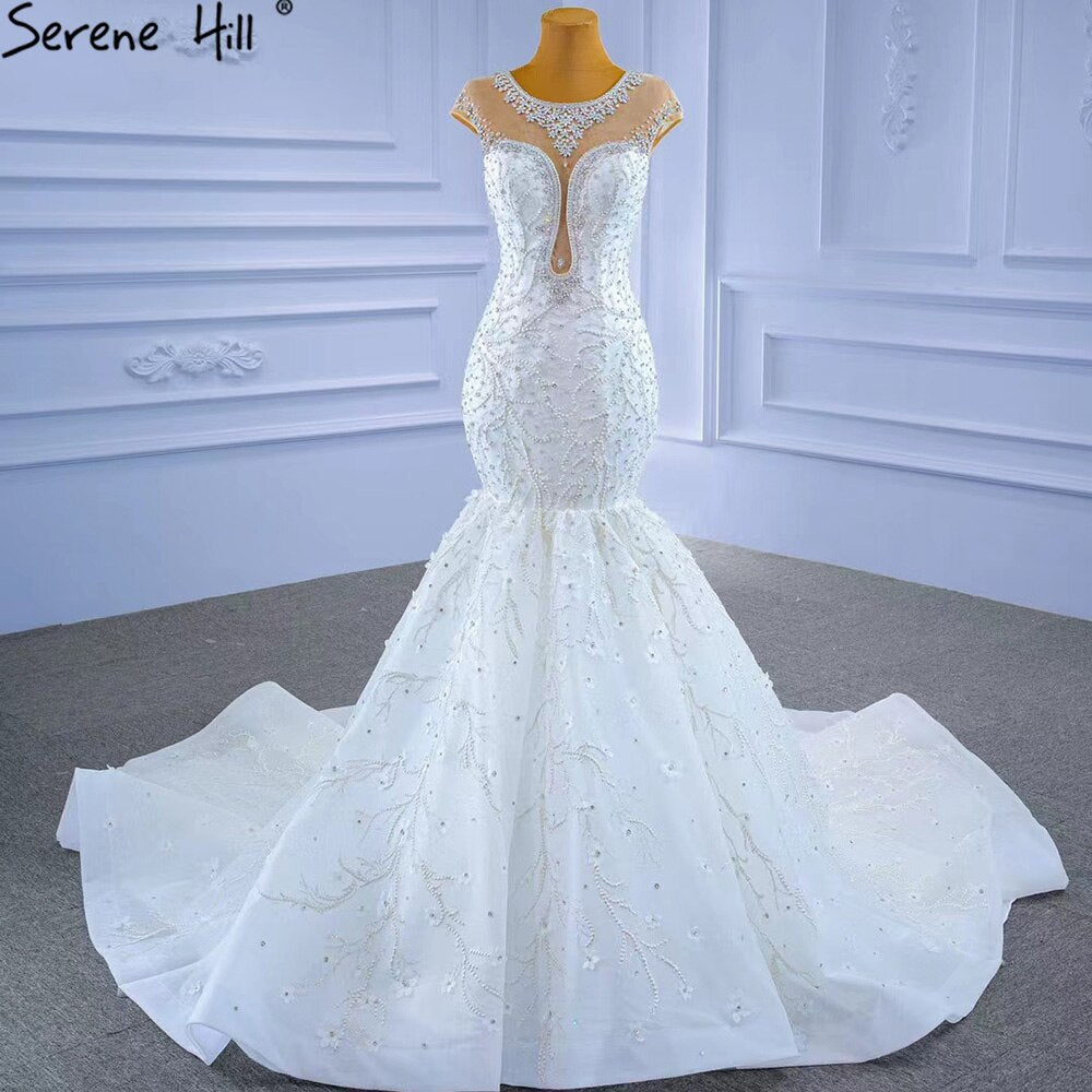 Serene Hill White Luxury Elegant Mermaid Wedding Dresses 2025 Beaded Diamond Cap Sleeves Bride Gowns HM67296 Custom Made - SERENE HILL