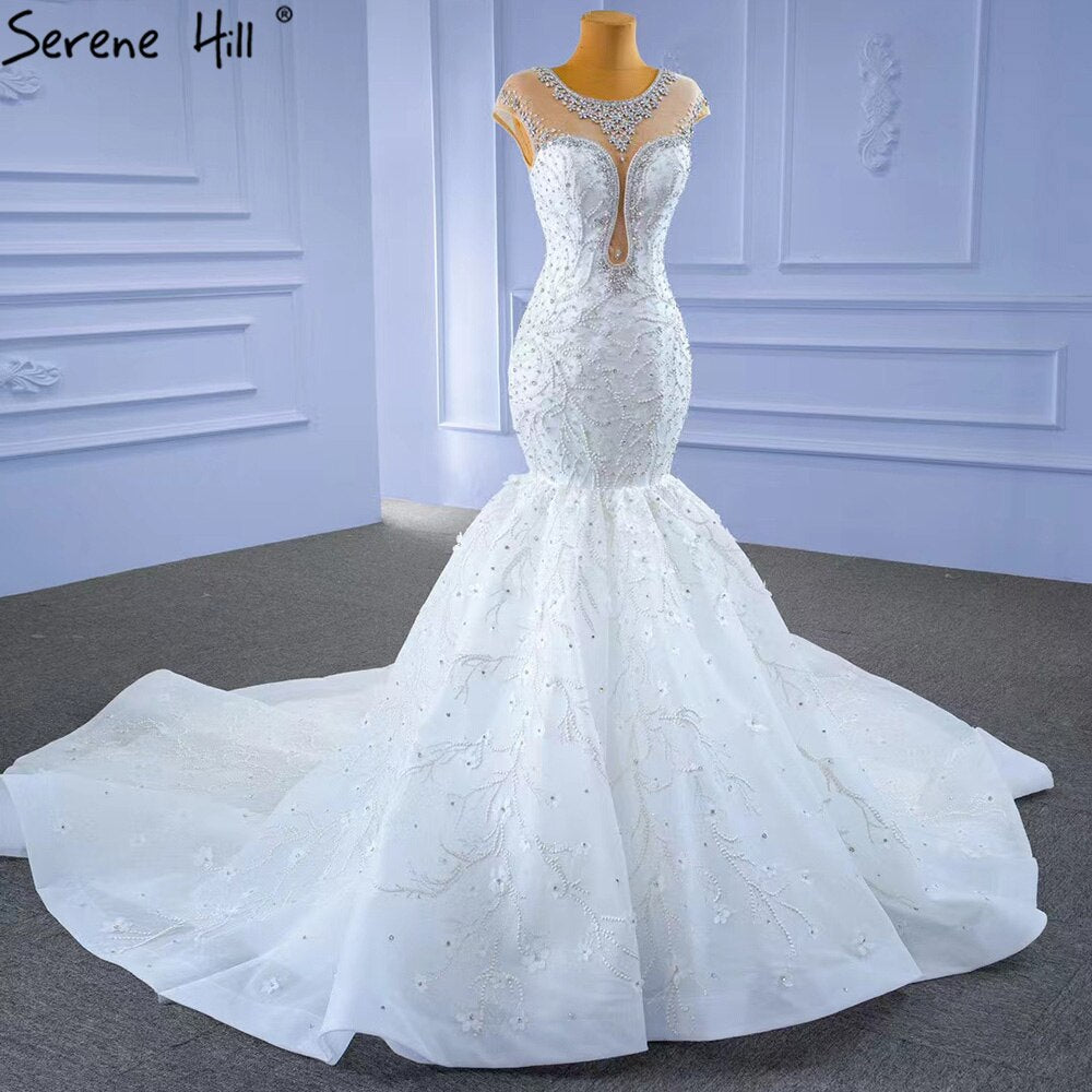 Serene Hill White Luxury Elegant Mermaid Wedding Dresses 2025 Beaded Diamond Cap Sleeves Bride Gowns HM67296 Custom Made - SERENE HILL