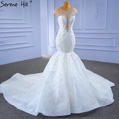 Serene Hill White Luxury Elegant Mermaid Wedding Dresses 2025 Beaded Diamond Cap Sleeves Bride Gowns HM67296 Custom Made - SERENE HILL