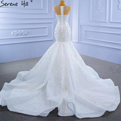 Serene Hill White Luxury Elegant Mermaid Wedding Dresses 2025 Beaded Diamond Cap Sleeves Bride Gowns HM67296 Custom Made - SERENE HILL