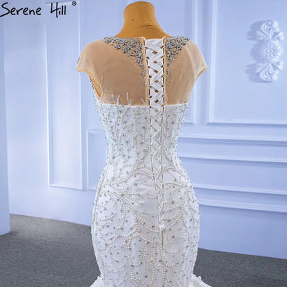 Serene Hill White Luxury Elegant Mermaid Wedding Dresses 2025 Beaded Diamond Cap Sleeves Bride Gowns HM67296 Custom Made - SERENE HILL
