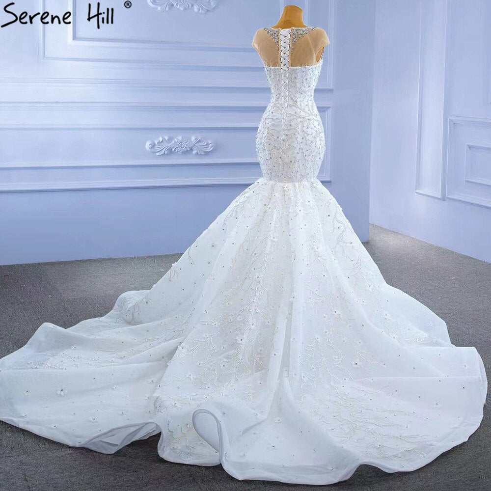 Serene Hill White Luxury Elegant Mermaid Wedding Dresses 2025 Beaded Diamond Cap Sleeves Bride Gowns HM67296 Custom Made - SERENE HILL