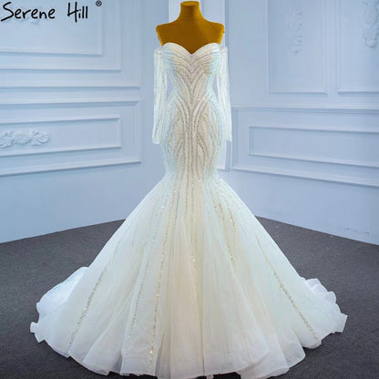 Serene Hill White Luxury Mermaid Wedding Dresses 2025 Elegant Beading Pearls Sexy Bridal Gowns HM67242 - SERENE HILL